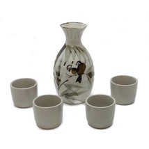 Mashiko Bamboo Love Birds Sake Set Bottle 4 Cups Ceramic Japan Vintage - £17.48 GBP