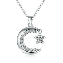 Moon and Star with CZ Stones Pendant Necklace Sterling Silver - £9.82 GBP