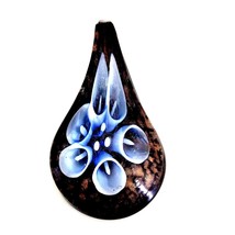 Hand Blown Glass Blue Lily Flower Teardrop Necklace Pendant - $27.71