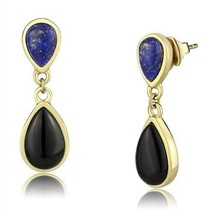 Vintage Pear Shape Jet Onyx Drop Dangle Yellow Gold Plated Push Back Earring - £61.47 GBP