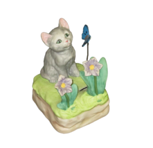 Mann Music Box Cat Kitten Flowers Moving Butterfly Memory Japan Vintage Ceramic - £22.74 GBP