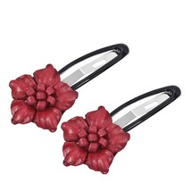 Set of 2 Red Leather Floral Motif Hair Pinch Clip - $8.90