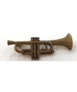 Trumpet Lapel Pin Dark Brass Bronze Color Engraved Horn Vintage - $11.35