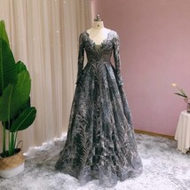 Beautiful Elegant Long Sleeve Arabic Evening Dresses for Women Dubai V-Neck Luxu - £433.58 GBP