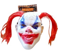 Scary Clown Mask White Plastic with Red Nose Red Hair Red Mouth - £8.60 GBP