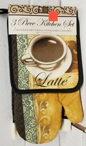 3 Pc Printed Kitchen Set:1 Pot Holder 1 Towel &amp; 1 Oven Mitt Coffee Cup Latte Bh  - £19.28 GBP