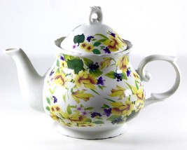 Teapot: White Porcelain Decorated With Daffodils and Violets, 3 1/2 Cup Capacity - £20.68 GBP