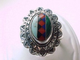 Genuine INLAID STERLING RING-Turquoise, Lapis, Malachite, Coral, Black O... - £75.93 GBP