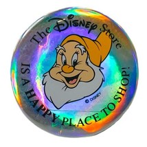 Disney Store Happy Dwarf Metal Pin Back Button Holographic 3” Vintage 80... - $8.57