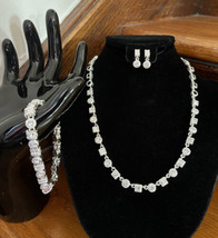 Vintage Signed Napier Silver Tone Rhinestone Parure Bracelet Necklace Earrings - £55.31 GBP