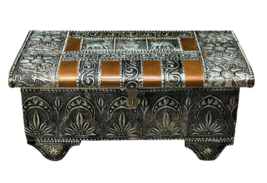 Elephant Floral Ornate Metal Wooden Box Hinged Mirrored Lined India 13 Inch VTG - £38.44 GBP