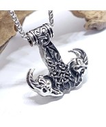 Goat Thors Hammer Pendant 31&quot; Chain Steel Necklace Odins Rams Rune Wunjo... - £14.91 GBP