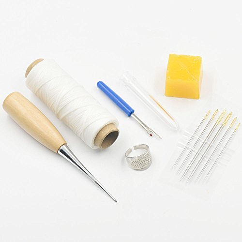 Bluemoona 6 Pcs - Awl Needles & Thread beeswax thimble ring Seam Ripper Leather
