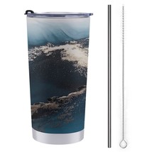Mondxflaur Blue Marble Steel Thermal Mug Thermos with Straw for Coffee - £16.77 GBP