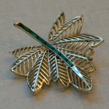 Vintage jewelry signed green baguette rhinestone filigree leaf brooch pin - $19.79