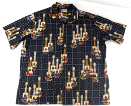 HILO HATTIE Hawaiian Shirt Black Floral Surfers Hula Ukulele Vintage Men... - £39.86 GBP