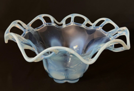 Vintage Blue Opalescent Art Glass Console Bowl with Pierced Ruffled Rim ... - $35.00
