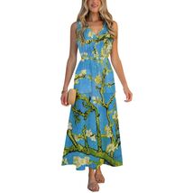 Almond Blossom Van Gogh Sleeveless V-neck Midi Dress (Size S - 5XL) - $35.00