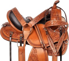 STG Western Pleasure Trail Hand Tooled Leather Horse Saddle with Free Set - £308.66 GBP+