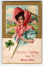 Christmas Postcard Greetings From Rome Ohio Farmer Girl With Rake Shamrock AMP - £71.84 GBP