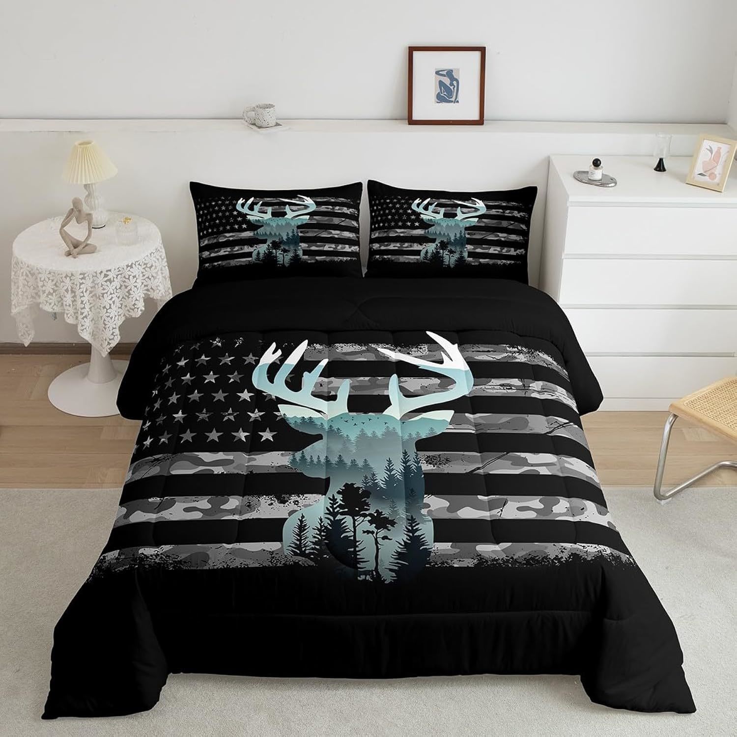 Deer Hunting Comforter Set Twin, Camo Deer Hunting Bedding Set For Kids Forest S