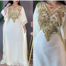White Stylish Kaftan Dress Moroccan Dubai New Fancy Long Gown Farasha Abaya - $77.00