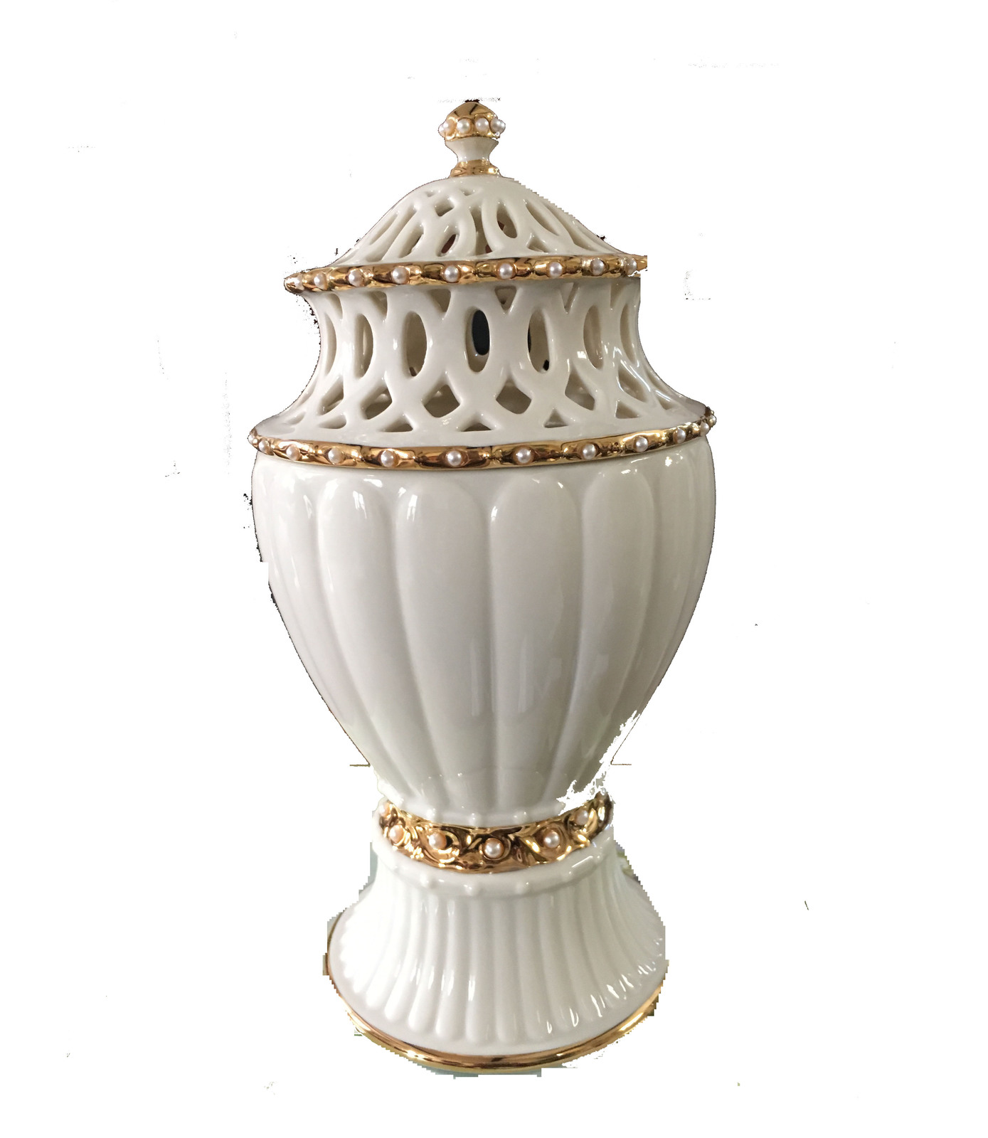 DECORATIVE CERAMIC VASE BY LENOX GOLD PLATED LINED AROUND  - $28.75