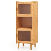 3-Cube Bamboo Storage Cabinet with Open Compartment and 2 Acrylic Doors-... - $267.29