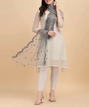Womens Dupatta embellished with motifs mirror scalloped embroidery 2.4x1Mt Grey - £21.32 GBP