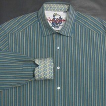 Robert Graham Mens (L) Blue Yellow Striped Button Front Casual Shirt Flip Cuffs - £34.24 GBP
