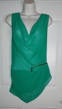 Bebe Green Sheer Chiffon Cowl Neck Sleeveless Asymmetric Zipper Blouse T... - $12.34