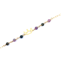 Girl&#39;s Bracelet 9k Yellow Gold Natural Agate Rhodonite Beads Crown 7.13 inch - £67.94 GBP