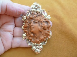 (CL61-12) Lady hair wind flowers orange Cameo brass Pin Pendant Jewelry brooch - £25.72 GBP