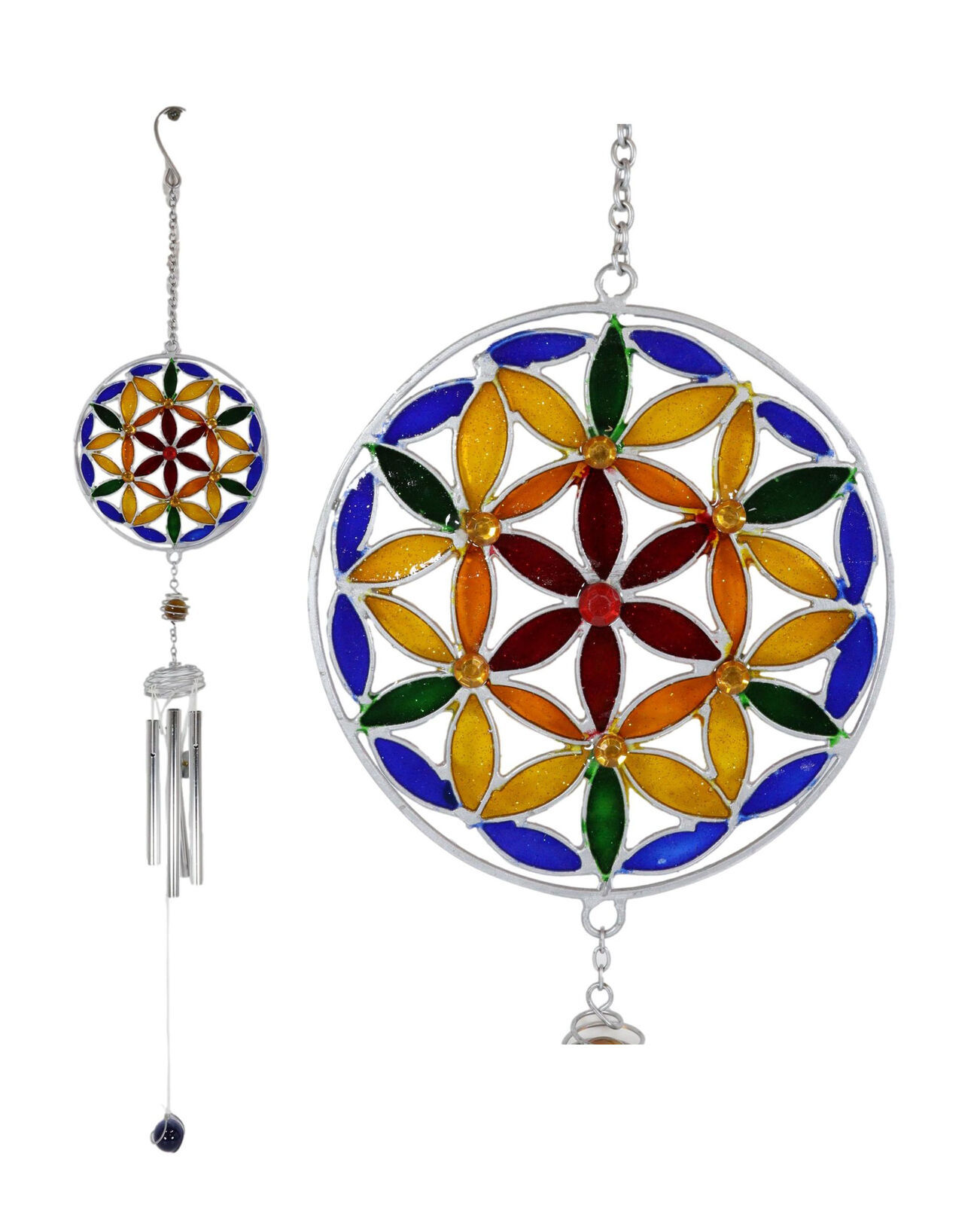 Stained Glass Rainbow Flower Of Life Sacred Geometry Metal Wind Chime Su... - $29.99