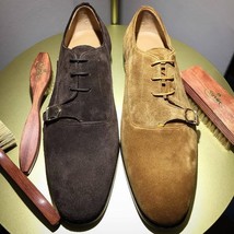 Handmade men tan and brown shoes, suede dress tuxedo shoes, men formal monk shoe - £113.88 GBP