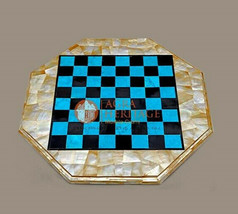 Marble Chess Set With Board Premium Blue Turquoise Stone &amp; Mother of Pearl Decor - £946.16 GBP