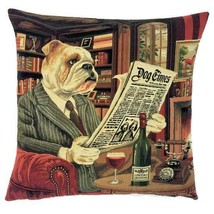 Bulldog Reading Newspaper Pillow Cover Only Belgium Jacquard Woven NO St... - £35.56 GBP