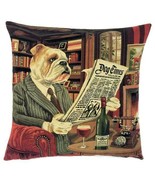 Bulldog Reading Newspaper Pillow Cover Only Belgium Jacquard Woven NO Stuffing - $44.49