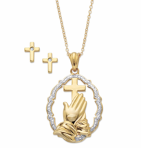 Diamond Two Accent 14K Gold Sterling Silver Gp Praying Cross Necklace Earrings - £225.18 GBP