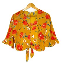 ASTR The Label Women&#39;s size XL 3/4 Sleeve Front Tie Crop Top Blouse Floral Gold - £21.23 GBP