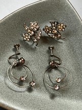 Vintage Lot of Clear Rhinestone Encrusted Two Flowers &amp; Thin Silvertone Open Cir - £11.71 GBP