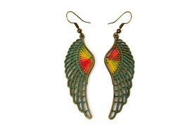 Bohemian Feather Wing Earrings, Green Patina on Brass, Festival Jewellery - £12.78 GBP