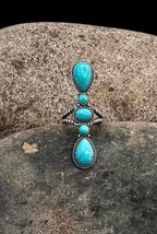 Signed Navajo Handmade Sterling Silver Natural Turquoise Elongated Ring 7 - £119.52 GBP