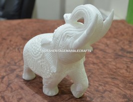 5&quot; White Marble Elephant Undercut Inside Baby Elephant Fine Filigree Decor H665 - £150.39 GBP