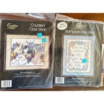 2 VTG NOS Golden Bee Counted Cross Stitch Cats &amp; Flowers /Cat Saying Pic... - $38.16