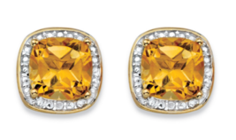 Yellow Citrine And Diamond Accent Halo Stud Gp Earrings 14K Gold Sterling Silver - £103.90 GBP