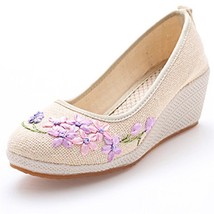 TIMETANG Vintage Women Pumps Linen Shoes Retro Floral Embroidery Cloth Canvas We - £37.77 GBP