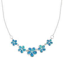 Sterling Silver Blue Inlay Opal Multiple Flowers Necklace - £105.31 GBP