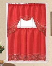 Poinsettias Christmas Red Color Embroidery Kitchen Curtain 3 Pcs Set - £17.40 GBP