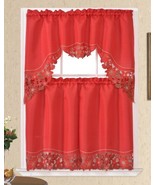 POINSETTIAS CHRISTMAS RED COLOR EMBROIDERY KITCHEN CURTAIN 3 PCS SET - £17.20 GBP